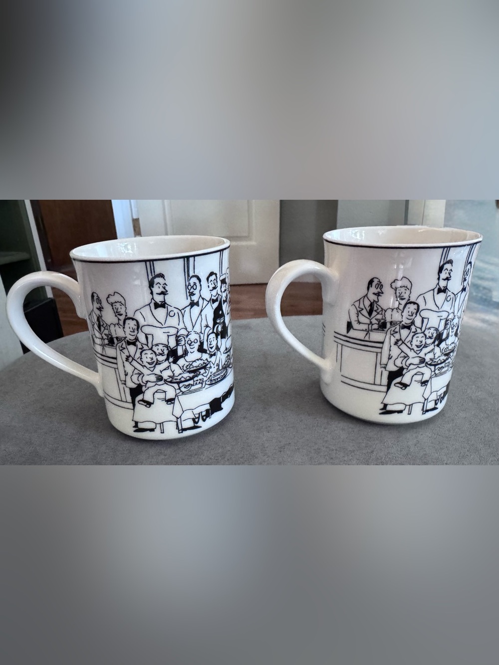 Set of Vintage Epoch Black & White Illustrated Ceramic Mugs - Le Restaurant